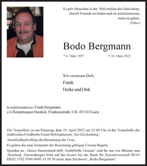 Traueranzeigen Von Bodo Bergmann Trauer In Nrw De