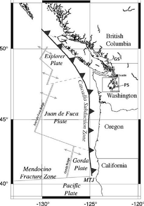 Map of the Cascadia subduction zone showing major plate boundaries.... | Download Scientific Diagram