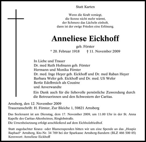 Traueranzeigen Von Anneliese Eickhoff Trauer In NRW De