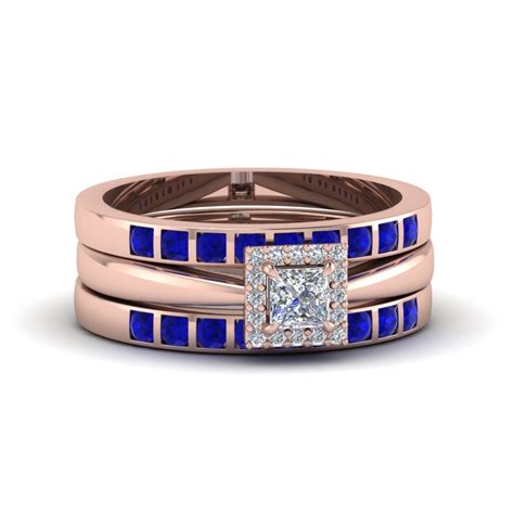 Princess Cut Square Halo Diamond Trio Wedding Ring Sets For Women With Sapphire In 18k Rose Gold