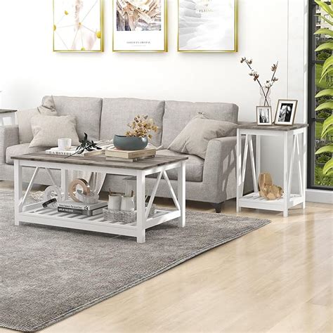 Amazon Uyihome Farmhouse Coffee Table And End Table Set Oak Grey