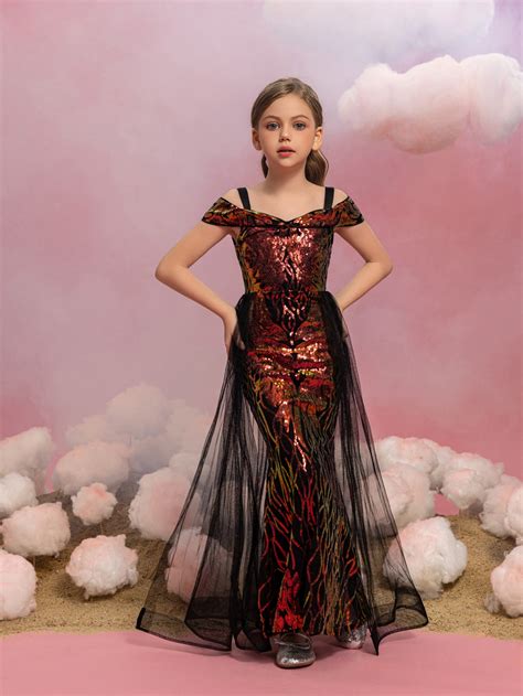Tween Girls Off Shoulder Graphic Sequin Party Dress Elonnashop