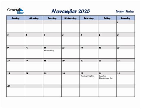 Free Printable November 2025 Calendar For United States