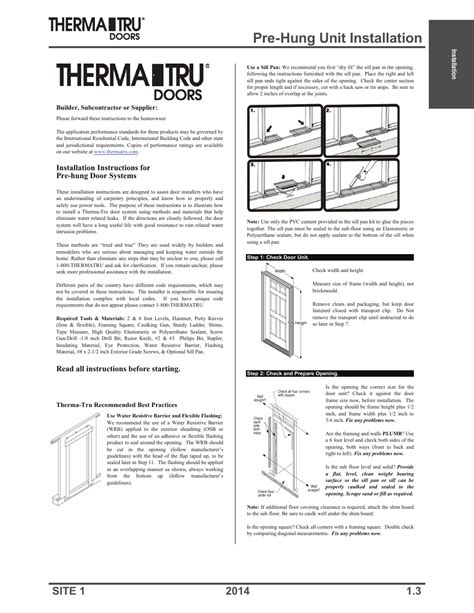 Pre-hung unit installation, Read all instructions before starting | Therma-Tru Doors ...