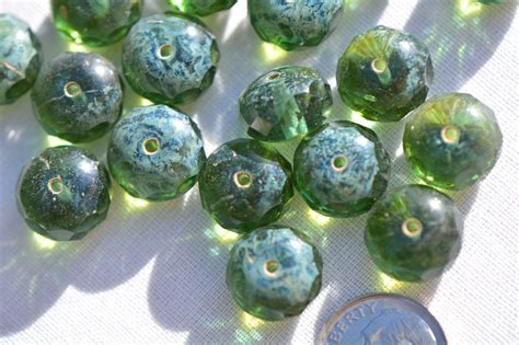 8 Czech Fire Polished 9x14mm Rondell Trans Forest Green Picasso