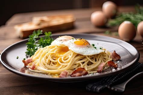 Premium Ai Image Plate Of Spaghetti Carbonara With Eggs And Bacon