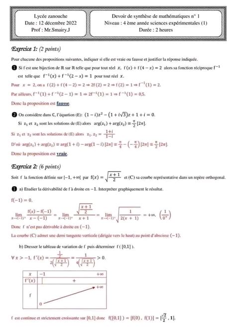 Bac Sc expérimentales Math Devoir de synthèse 1 Math corrigé pour 4 ème