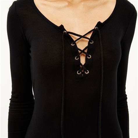 Lyst River Island Black Ribbed Lace Up Top In Black