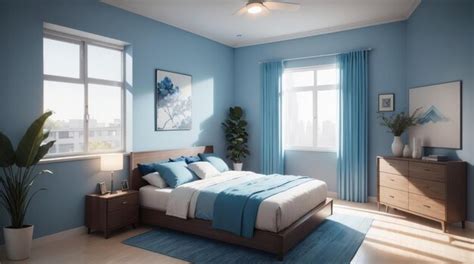 Premium Photo | A modern bedroom with wooden furniture in blue tone