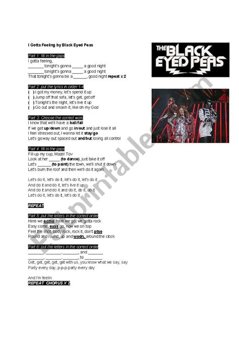 I Gotta Feeling, Black Eyed Peas - ESL worksheet by geokdi