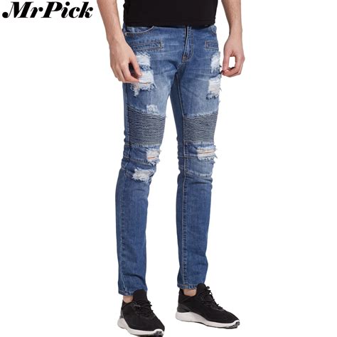 New Men Destroyed Biker Jeans Ripped Holes Skinny Brand Distressed