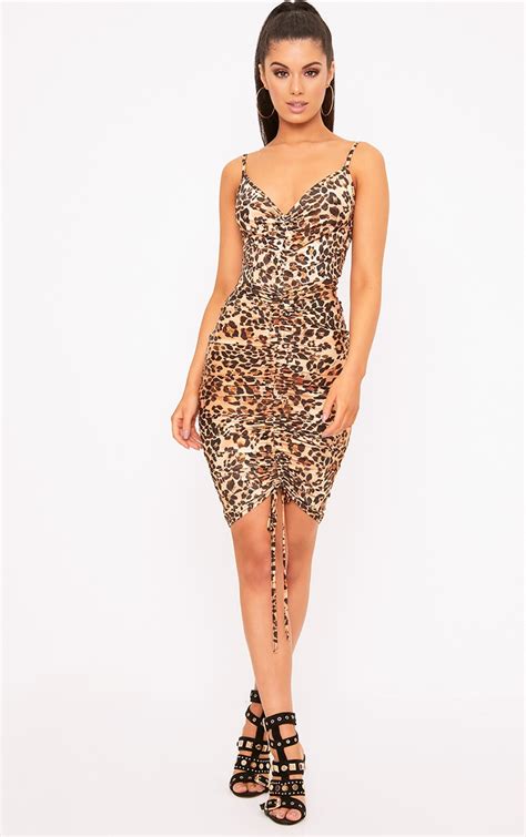 Leopard Print Strappy Plunge Ruched Front Bodycon Dress Dresses