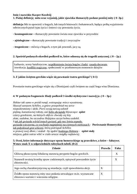 Sprawdzian Z Antyku I Klasa Liceum Z Rozwi Zaniami Egzaminy J Zyk