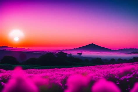 Premium AI Image | A pink sunset with a mountain in the background