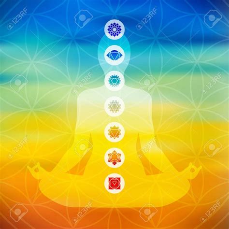 Body Silhouette Doing Yoga Lotus Pose With Chakra Icons On Flower Of