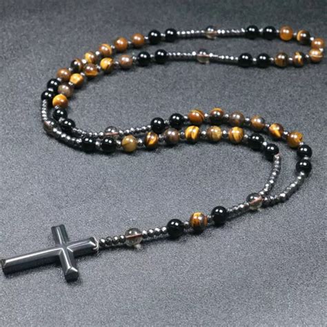 Tiger S Eye Onyx Prayer Beads Catholic Christ Hematite Cross Pendant