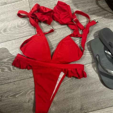 Red Ruffle Bikini Red Cover Up Skirt Size 6 8 Depop
