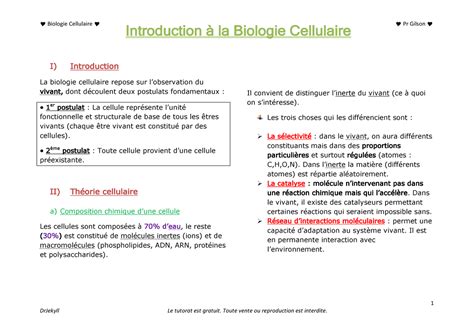 Ue Biologie Cellulaire Cours Fiche Introduction I