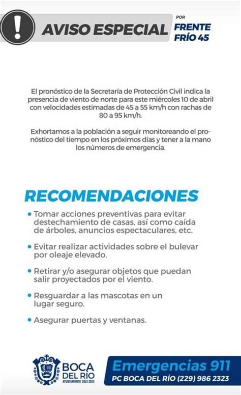 Boca del Río emite Aviso Especial por llegada de Frente Frío 45 este