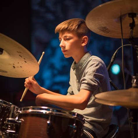 Premium Photo | A boy playing drums with the word " s " on the front.