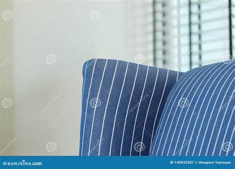 Close Up Detail of Blue Striped Sofa in a Living Room Stock Image ...