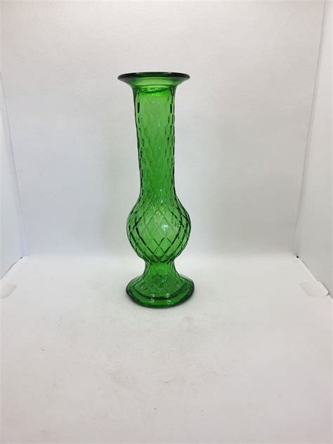 Eo Brody Co Green Glass Bud Vase With Diamond Pattern Made In The Usa