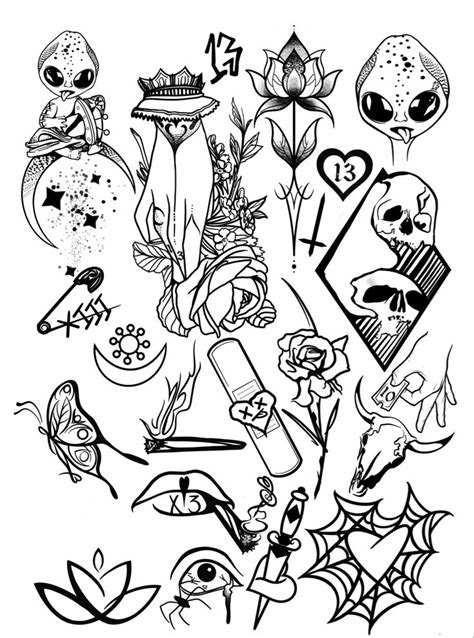 Alien Themed Tattoo Design Flash Sheet