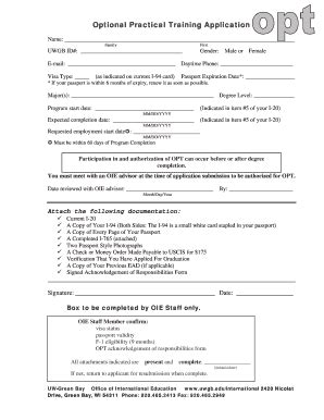 Fillable Online Uwgb Optional Practical Training Application Fax Email