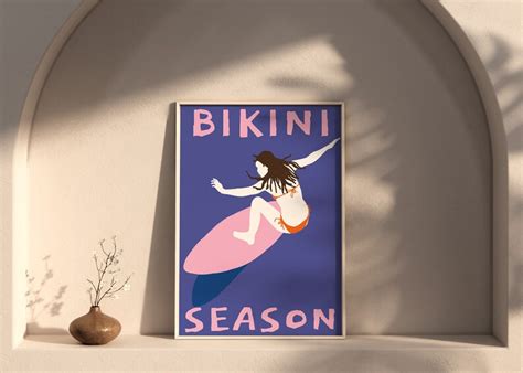Surfer Girl Blue Poster Cover Bikini Season Pink Print Beach House Interior Decor Trend Big