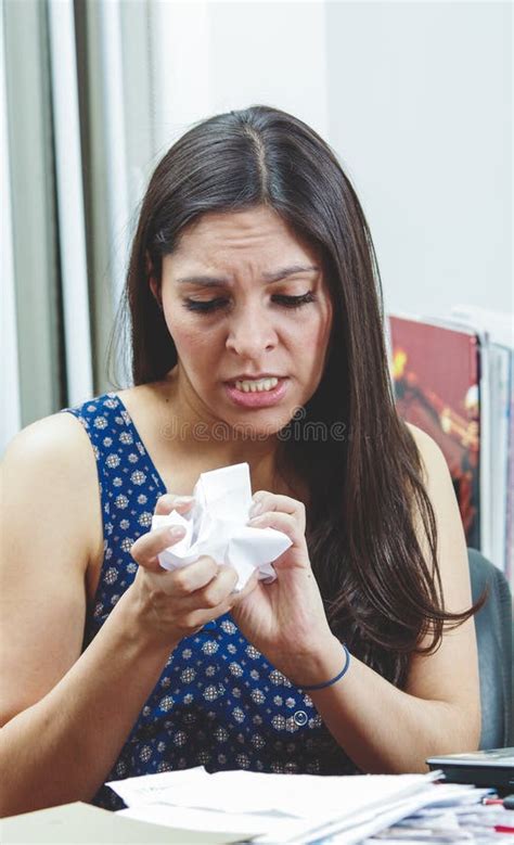Hispanic Brunette Sitting By Office Desk Holding Stock Photo Image Of Portrait Person