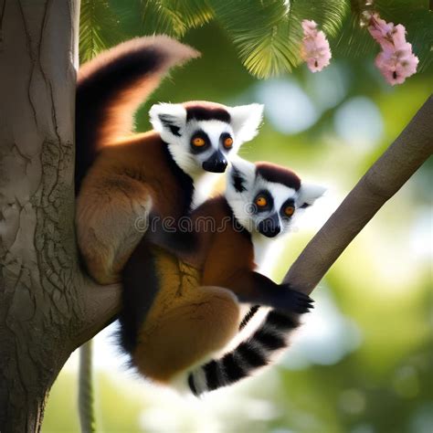 Lemurs Swinging From Tree To Tree Creating A Colorful Light Display With Their Tails2 Stock