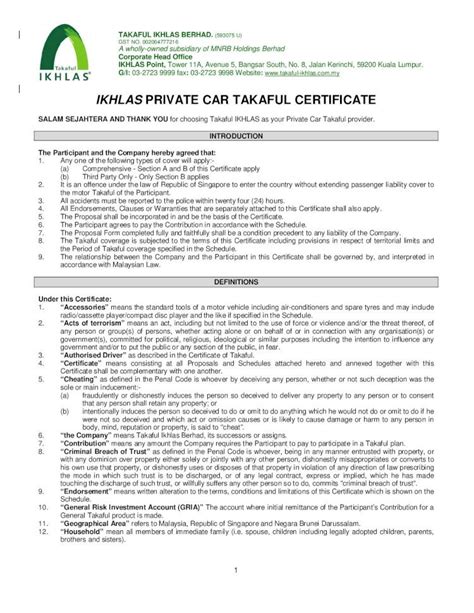 Pdf Ikhlas Private Car Takaful Certificate Dokumentips