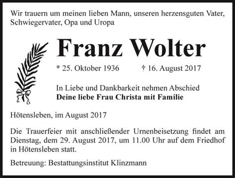 Traueranzeigen Von Franz Wolter Abschied Nehmen De