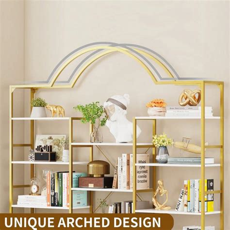 Yitahome Tier Gold And White Bookshelf Triple Wide Arched Open