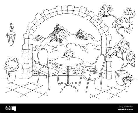 Cafe Garden Terrace Graphic Table Chair Black White Sketch Illustration