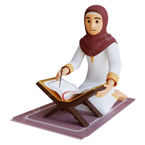 Gambar 3d Render Render Wanita Muslim Tadarus Membaca Alquran Di Bulan