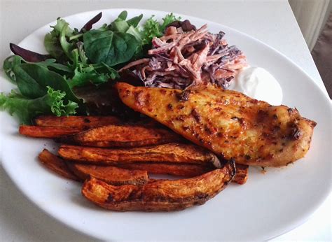 Cajun Chicken Sweet Potato Wedges Slaw And Leaves For Calories