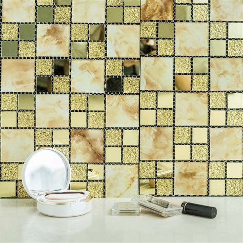 10 Pack 12x12 Gold Peel And Stick Backsplash Marble Glass Mosaic