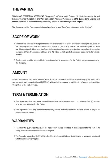 brand promotion agreement template google docs word templatenet