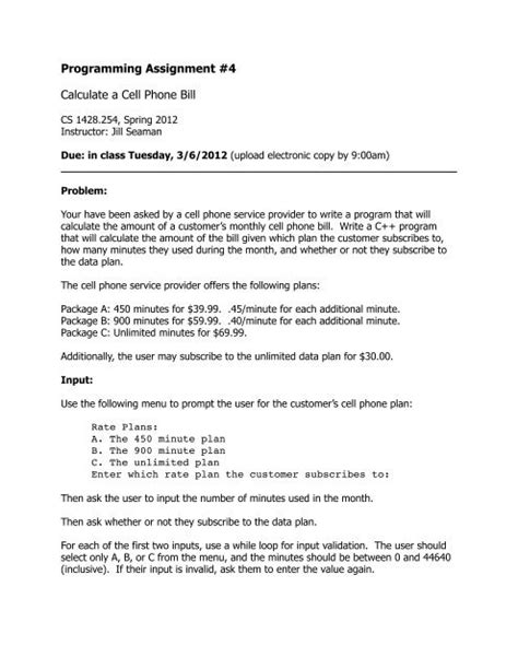 Programming Assignment 4 Calculate A Cell Phone Bill