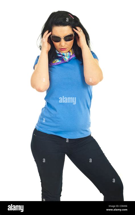 Beautiful Brunette Woman Wearing Sunglasses Isolated On White Background Stock Photo Alamy