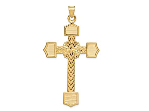 K Yellow Gold Polished And Textured Solid Fancy Design Cross Pendant