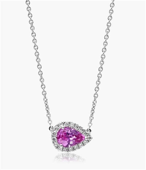 18k White Gold Sideways Pear Pink Sapphire And Diamond Halo Necklace