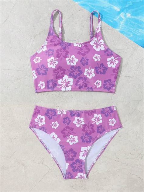 Chica Preadolescente Ba Ador Bikini Con Estampado Floral Moda De