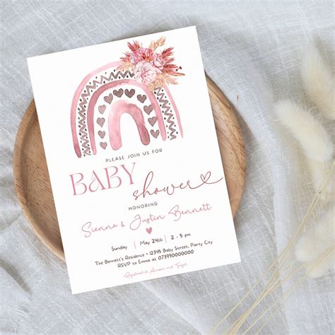 Editable Boho Rainbow Baby Shower Invitation Bundle Pink Etsy UK