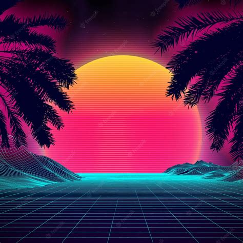 Premium Vector 3d Sunset On The Beach Retro Palms Vector Sci Fi