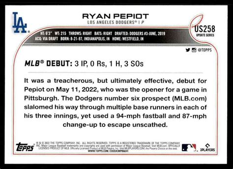 Topps Update Base Us Ryan Pepiot Rc Los Angeles Dodgers Ebay