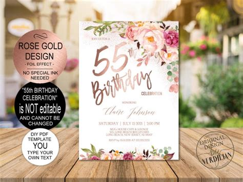 Diy 55th Birthday Invitation Template Blush Rose Gold Floral Etsy