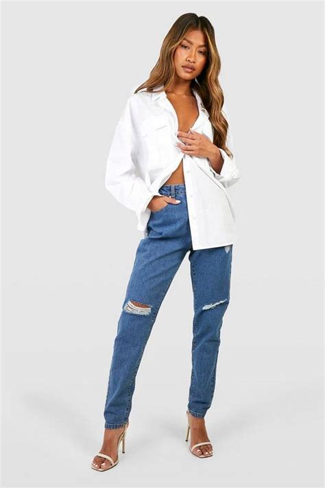 Basics High Waisted Ripped Mom Jeans Boohoo Uk