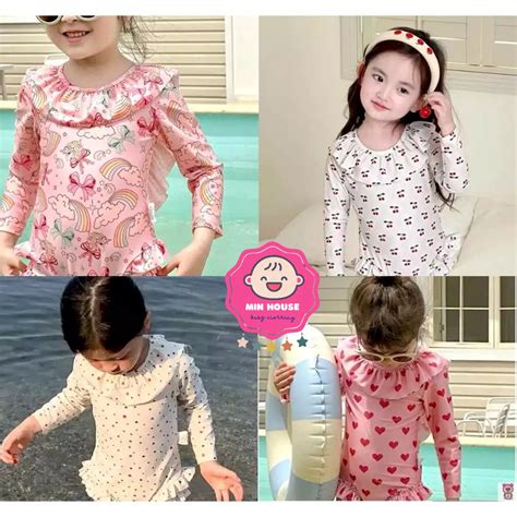 kg dưới m Đồ bơi bikini liền thân tay dài phối bèo hoạ tiết tim xinh xắn cho bé gái